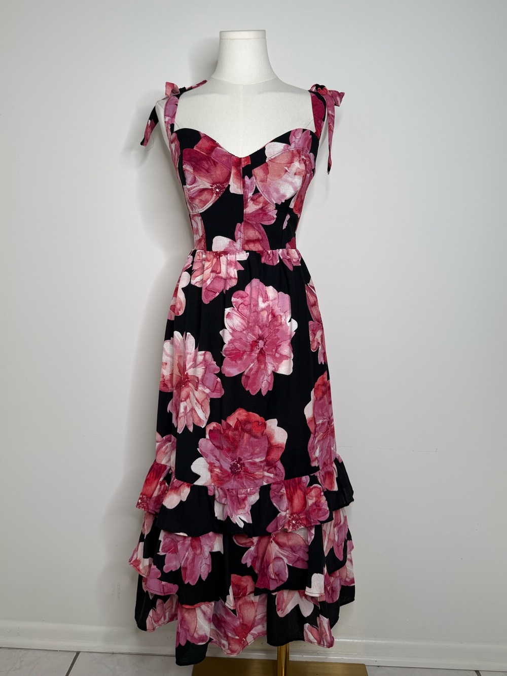 Tie-Shoulder Floral Maxi Dress in Black and Pink